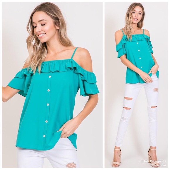 💕LAST 2! Teal Ruffled Woven Open Shoulder Blouse - Picture 6 of 8